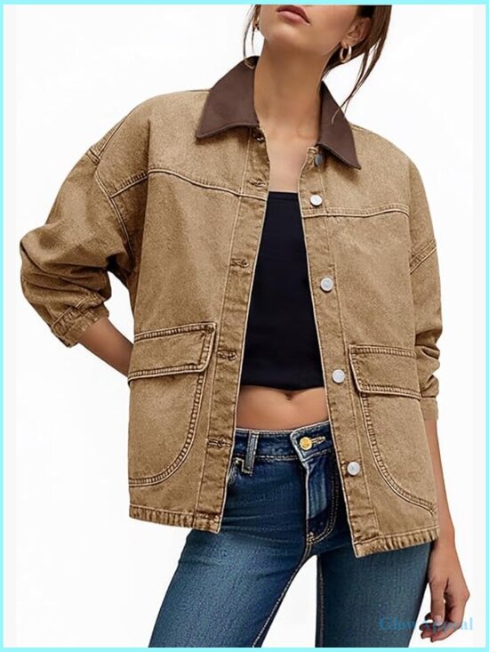 Jackets & Blazers - Oversized Denim Jacket Contrast Canvas Collar Button Down with Pockets